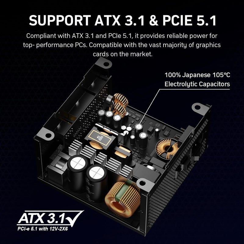 Auotac مزود طاقة 1000 واط بالكامل معتمد 80+ ذهبية مع كابل 12V-2x6 – متوافق مع ATX 3.1 و PCIe 5.1، مروحة ذكية RGB منخفضة الضوضاء 140 مم، مكثفات مصنفة 105℃، سوداء - Image 4
